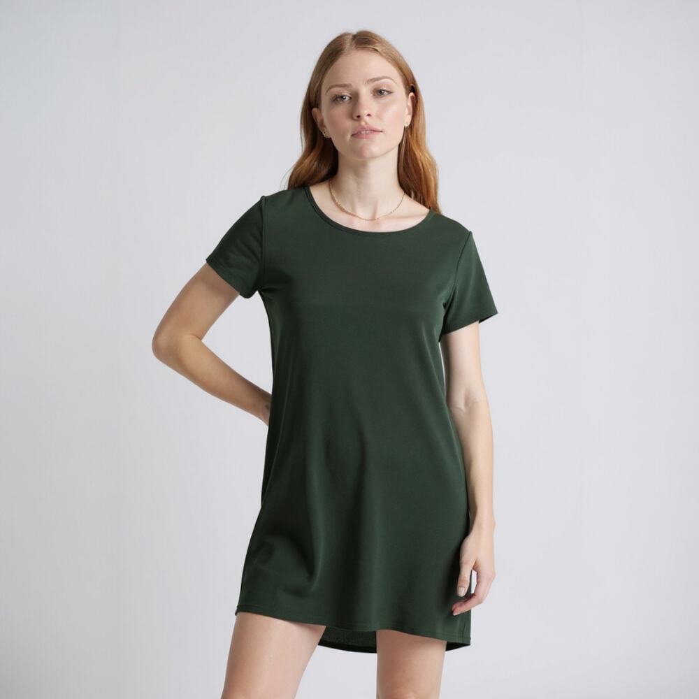 Quince Wm's Washable Stretch Silk Tee Midi Dress Forest Green Sz XS #94
